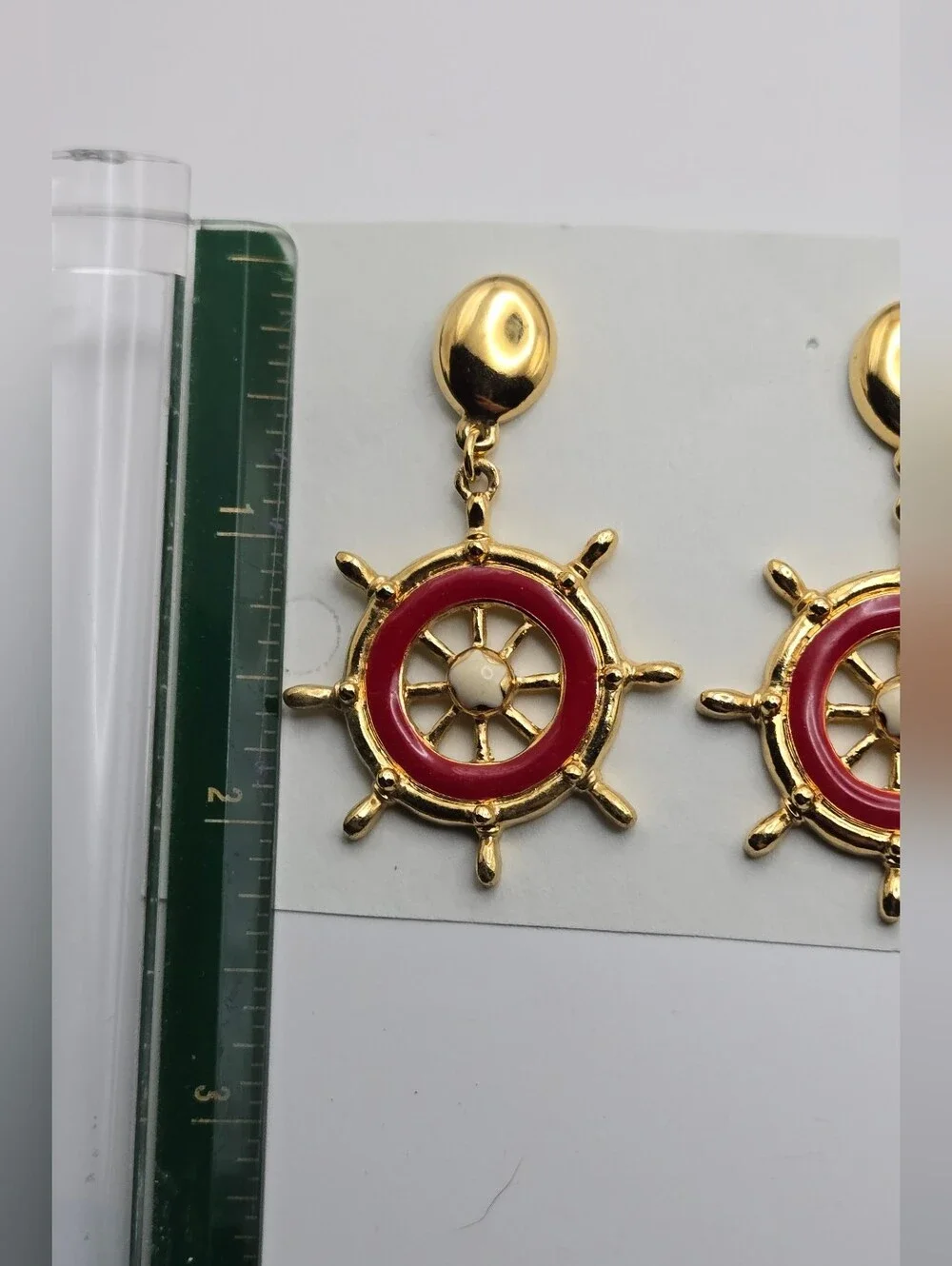 Avon Gold & Red Nautical Ship Wheel Earrings Vintage Style